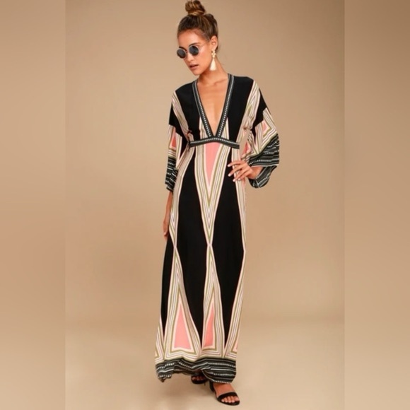 Lulus Dresses & Skirts - Lulu's Black and Pink boho Geometric Long Sleeve Dress size medium